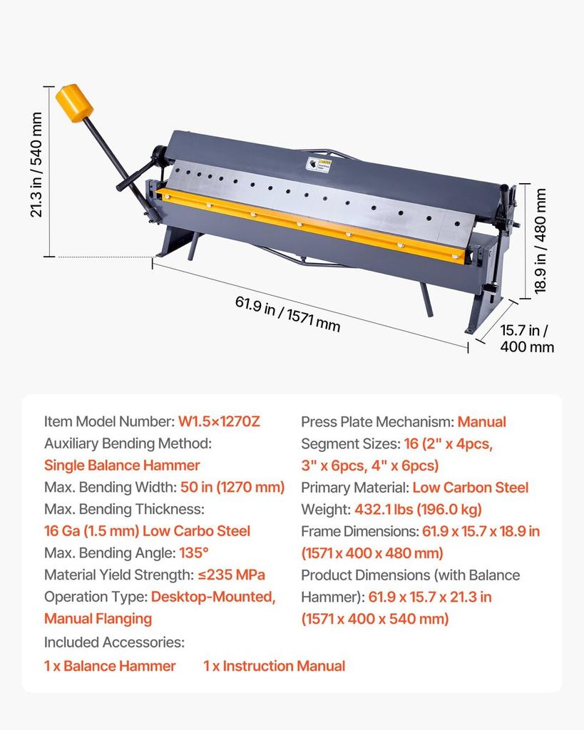 Box and Pan Brake, 1270 Mm Sheet Metal Bending Brake,16-Gauge Mild Steel Capacity, 0-135 Degree Adjustable, Metal Bender Machine with 16 Fingers,
