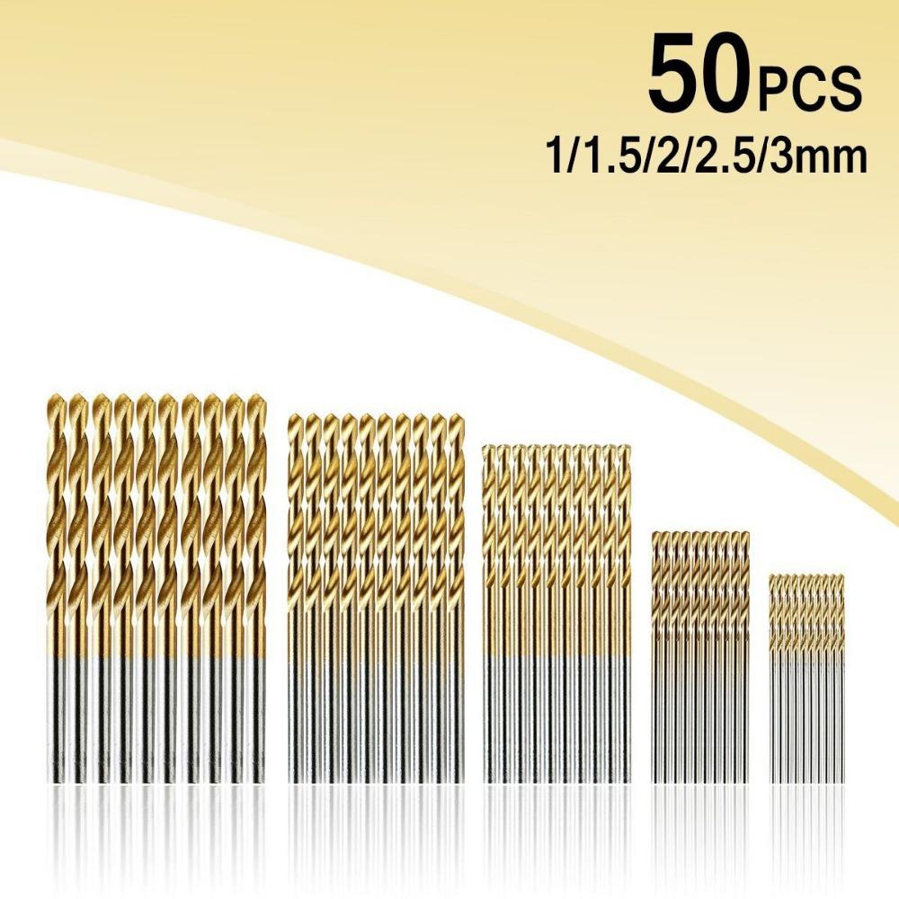 Hot Selling 50Pcs Titanium Coated Drill Bits HSS High Speed Steel Drill Bits Set Tool High Quality Power Tools 1/1.5/2/2.5/3mm