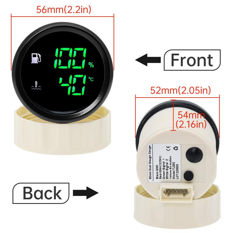 Custom Fuel Level Gauge + Water Temp with Warning Digital Dual 52mm 2 In 1 Gauge for Fuel Level Sensor 0-190ohm Marine Boat Car