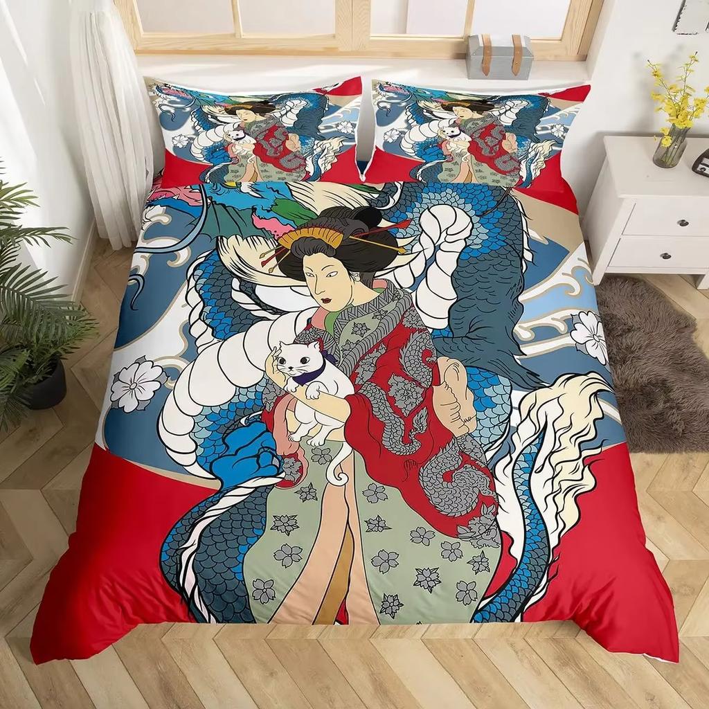 Lucky Cat Duvet Cover Set Japanese Style Wave Pattern Bedding Sets Adult Kid Bedroom Exotic Decor King Comforter Cover 3Pcs Set