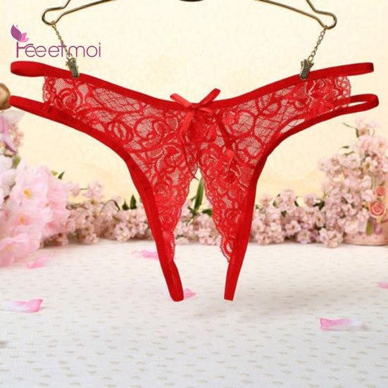 Krajkové kalhotky Spodní prádlo bez rozkroku Tanga pro ženy Sleep Colthes G-string Sexy oblečení Sexy květinové kalhotky s mašlí