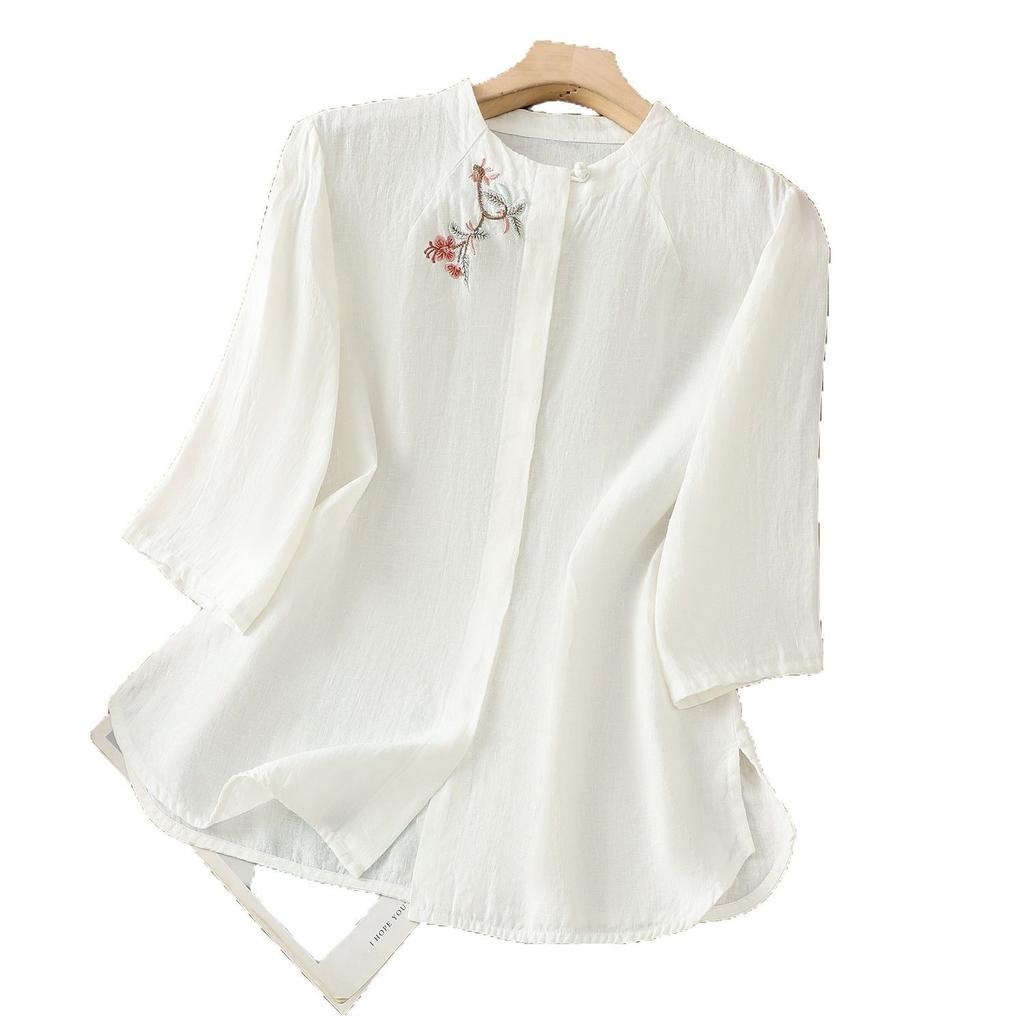 Embroidered Cotton and Linen Shirt Women's 2025 Spring and Summer New Design Sense Retro Loose Round Neck Seven-quarter Sleeve Top