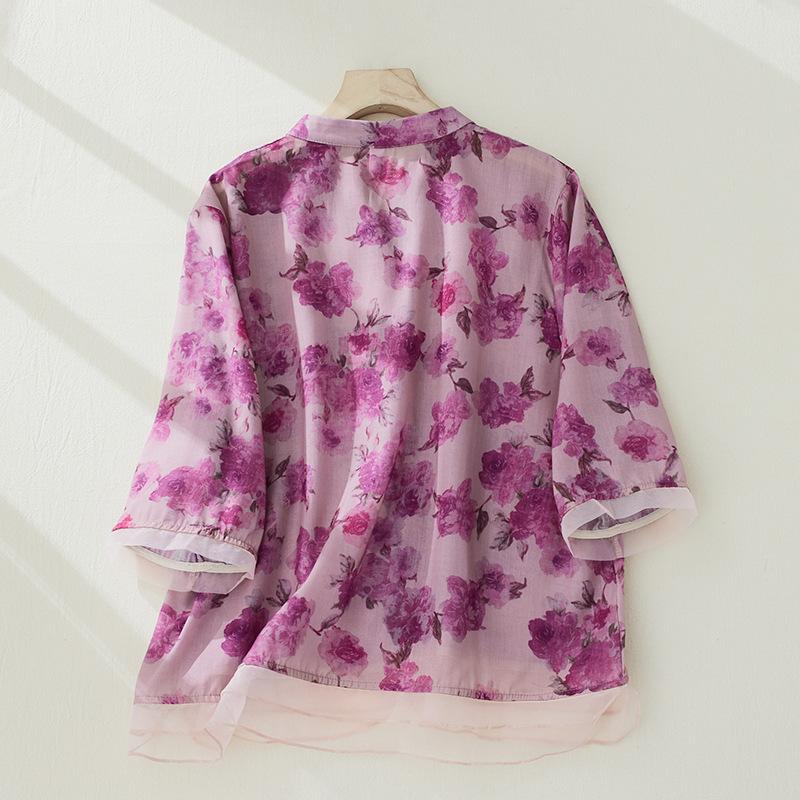Summer Artistic Loose Floral Print Blouse Ladies Patchwork V-neck Short Sleeve Shirt Women's Vintage Top