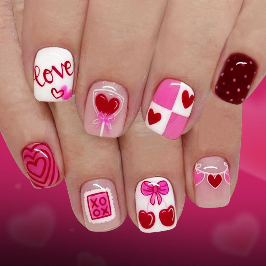 

Short glossy square Valentine s Day manicure, sweet love polka dot balloon cherry design, wearing armor Free jelly glue + rubbing strips
