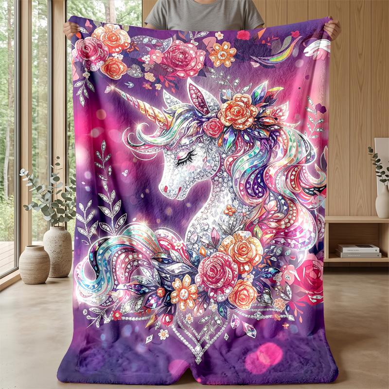 Fantasy Unicorn with Flowers Theme Blanket Lightweight Warm Flannel Blanket Decorative Throw Blanket for Home Decoration