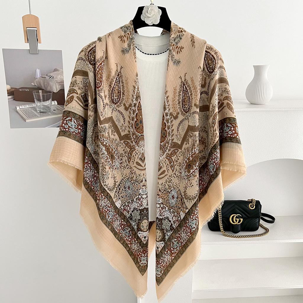 Ethnic style cashew flower scarf women's summer new sunscreen square scarf travel photo silk scarf air conditioner shawl outside the room