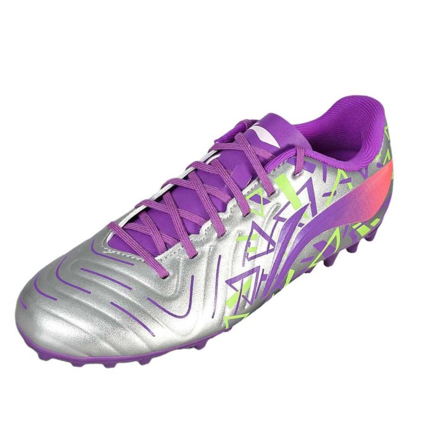 Li Ning Kids Jin Series PU Comfortable Versatile Trendy Non-Slip Shock Absorbing Durable Low-Top Soccer Shoes Kids Sneaker Silver Purple YSFV006-1