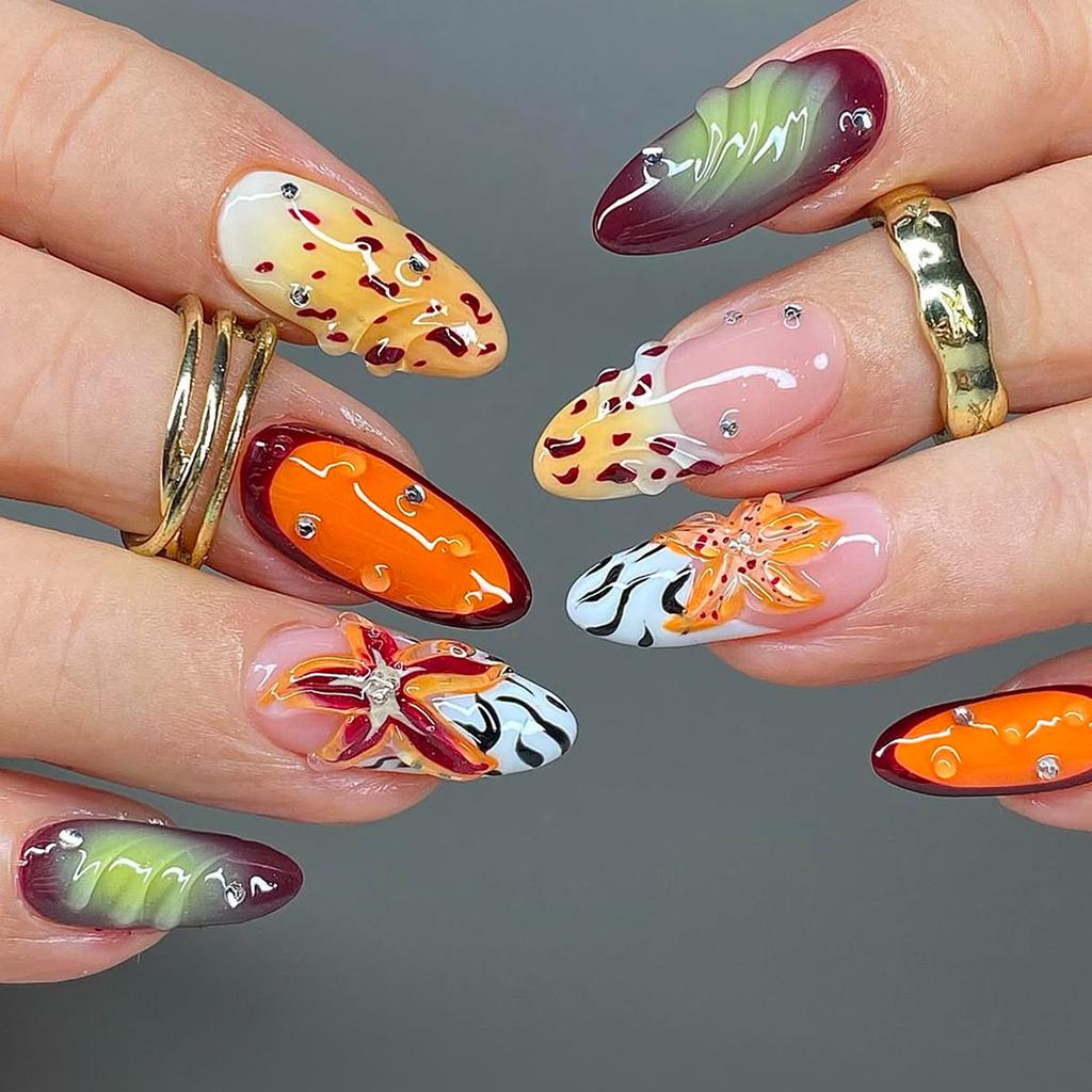 Press On Nails Almond Fake Nails French Tip False Nails with 3D Design Glossy Full Cover Acrylic Glue On Nails Artificial Stick On Nails for Women