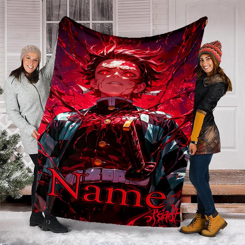 Personalized Custom Name Blanket - Demon Slayer Tanjiro Print Design,Blanket for Sofa,Bed,Travel,Camping - Soft and Warm, Great Gift