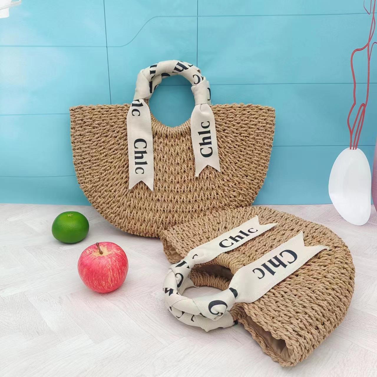 New paper rope woven handbag, letter silk scarf, semi-circular moon straw bag, fashionable beach bag Medium
