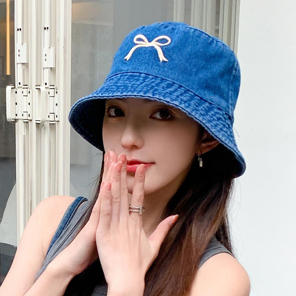 Summer Embroidery Bow Washed Denim Bucket Hat For Women Panama Hats Outdoor Fisherman Hat Beachside Sunscreen Visor Cap