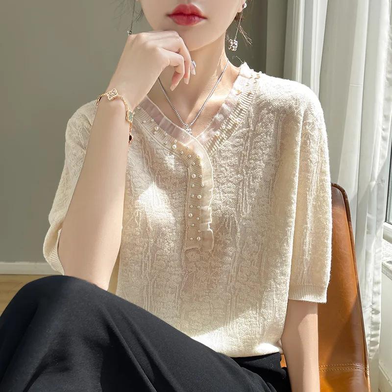 

Женский весенний текстурированный вязаный топ с V-образным вырезом, коротким рукавом и жемчугом S