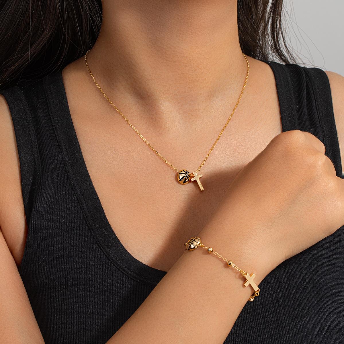 

Basketball Cross Necklace & Bracelet Set, Niche Design Clavicle Chain for Layered Wearing