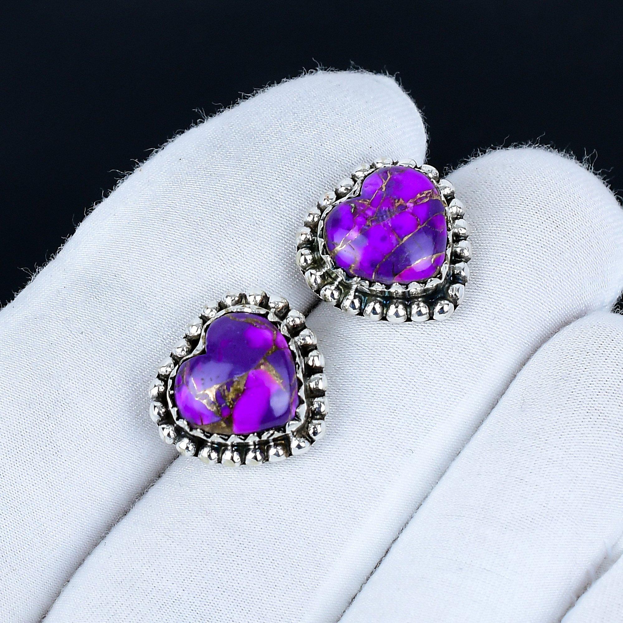

Purple Spiny Turquoise Earrings | 925 Sterling Silver Stud Earrings | Handmade Gemstone Love Studs Heart Earrings | Boho Jewelry Christmas Gift 3.5 Cm фиолетовый