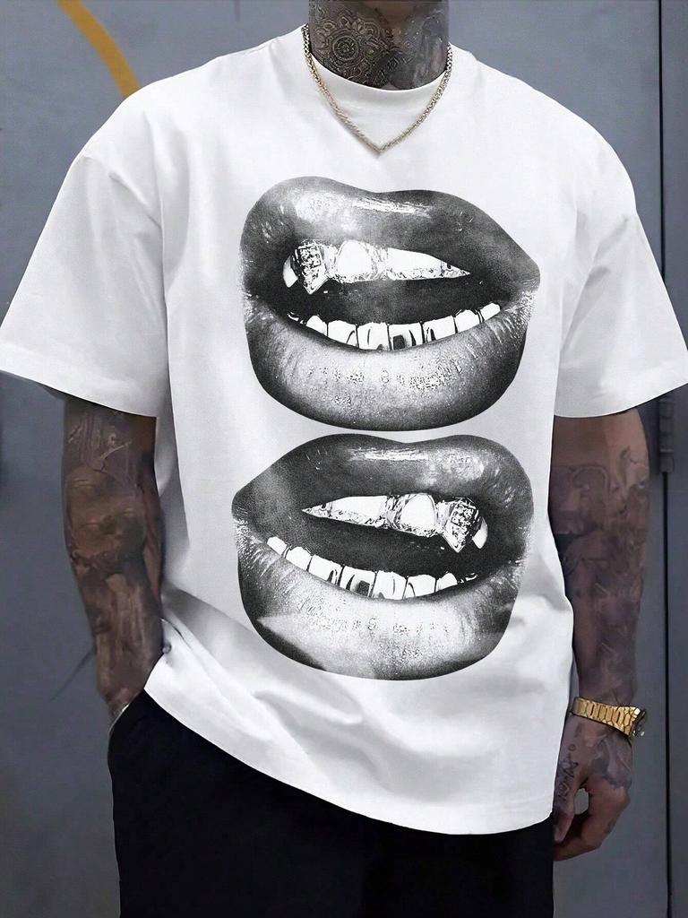 Retro Simple Sexy Lips Print Summer Cotton T-Shirt Fashion Men Clothing Fashion Tops Tees Men Casual Solid Color Streetwear Tops