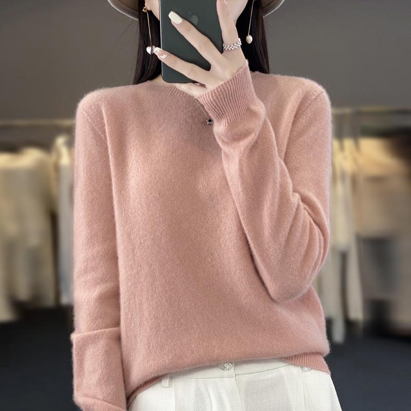 Women's Round Neck Wool Knit Sweater - Simple, Versatile, Long Sleeve Base Layer