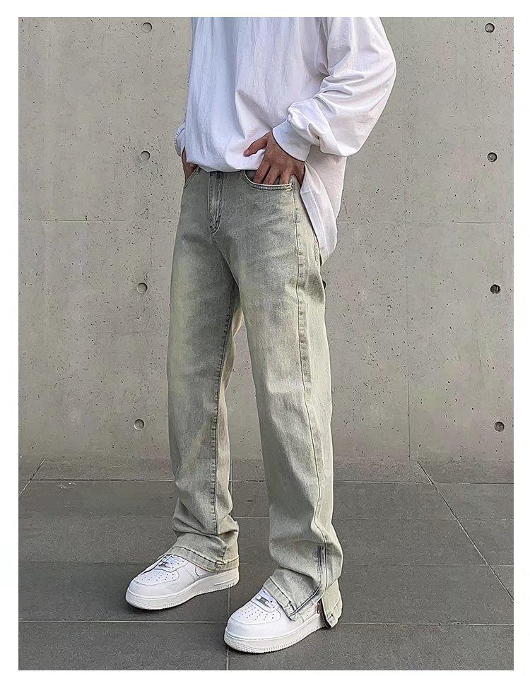 Men's Retro Yellow Distressed Washed Flare Jeans