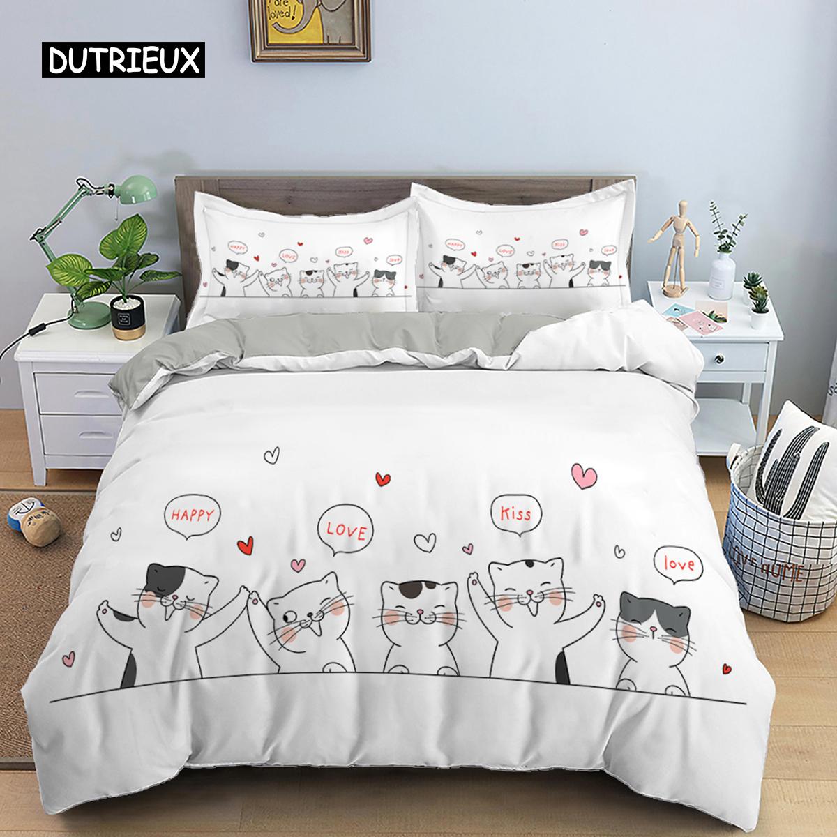 

Милый комплект постельного белья с изображением котят из мультфильма, пододеяльник, наволочка для девочки, двуспальная кровать размера «king-size», полиэстеровое одеяло EU single(135x200cm)