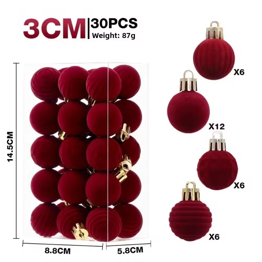 30PCS Wine Red Christmas Ball Velvet Round Christmas Balls Xmas Tree Ornaments Ball Hanging Pendants New Year Party Decoration