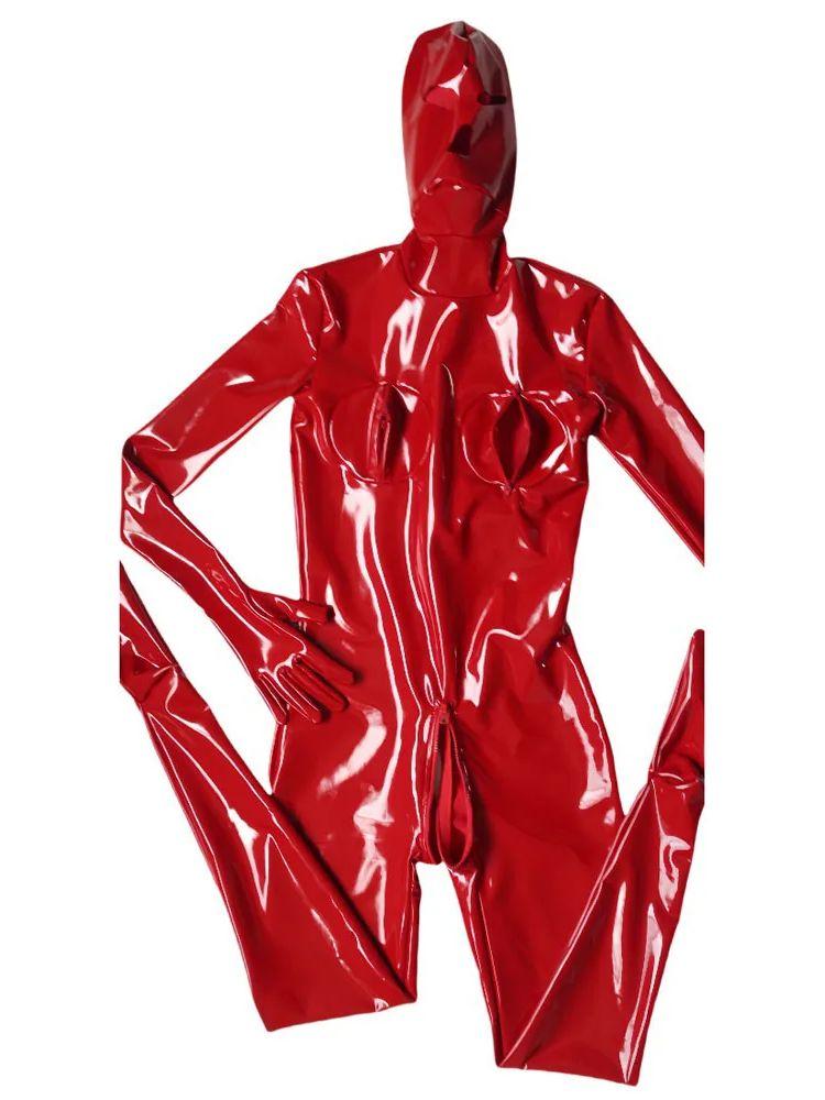 Wet Look Pvc Catsuit Bodystocking 3D Bust Shiny Pu Leather Zipper Open Crotch Bodysuit Tights Leotard Conjoined Zentai Jumpsuit