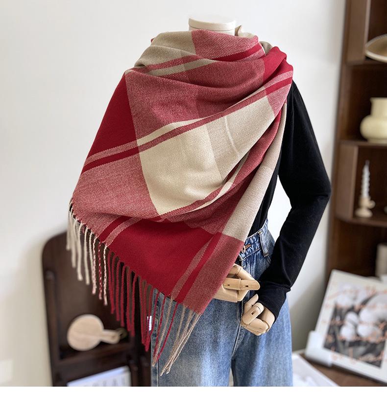 

Cozy Plaid Scarf Shawl - Soft Imitation Cashmere, Color Block Design, Tassel Trim, Versatile Autumn Winter Coldproof Neck Scarf