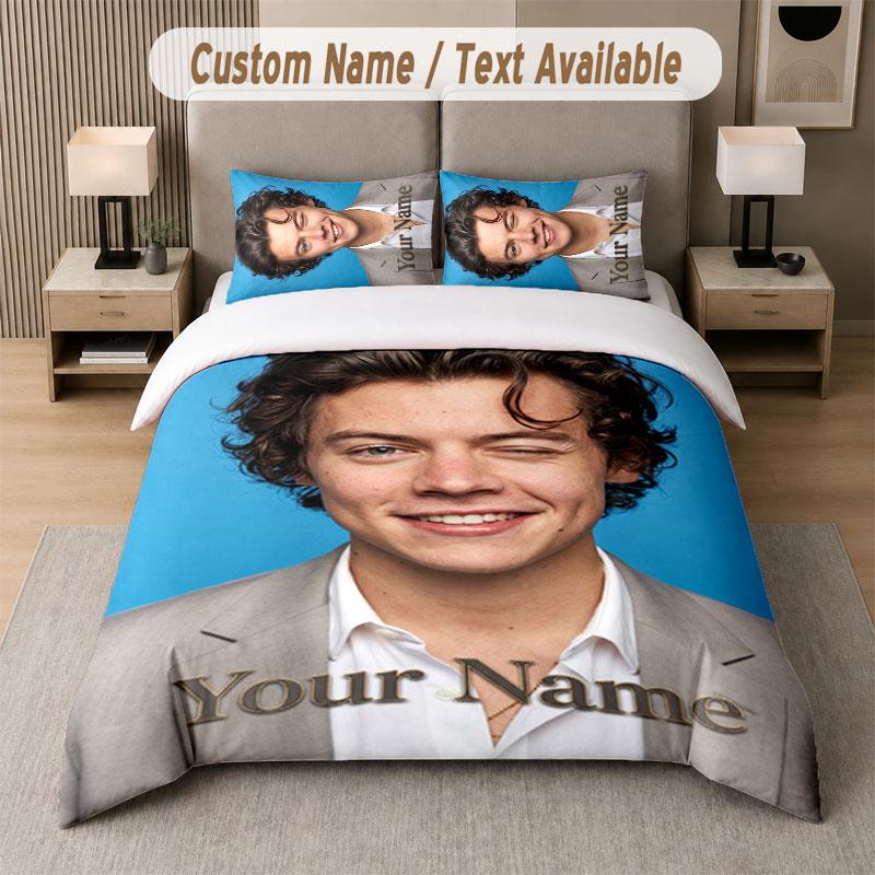 Custom Bedding Set Harry Styles Pattern, Print Name Text 1 Duvet Cover plus 2 Pillowcases Home Textile
