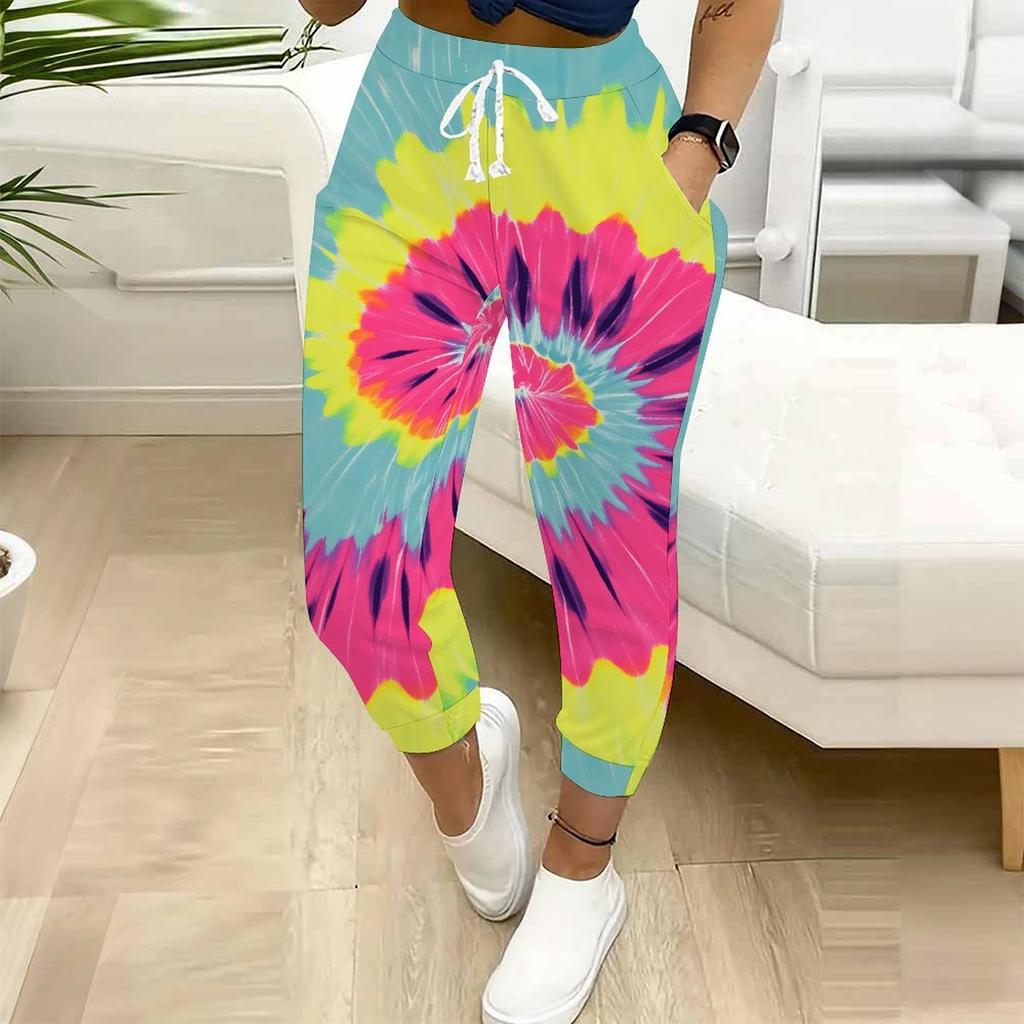 Letnie damskie spodnie dresowe z nadrukiem tie-dye w rozpryskach tuszu, luźny krój, ze sznurkiem, ściągacze, elastyczny mankiet, codzienne spodnie