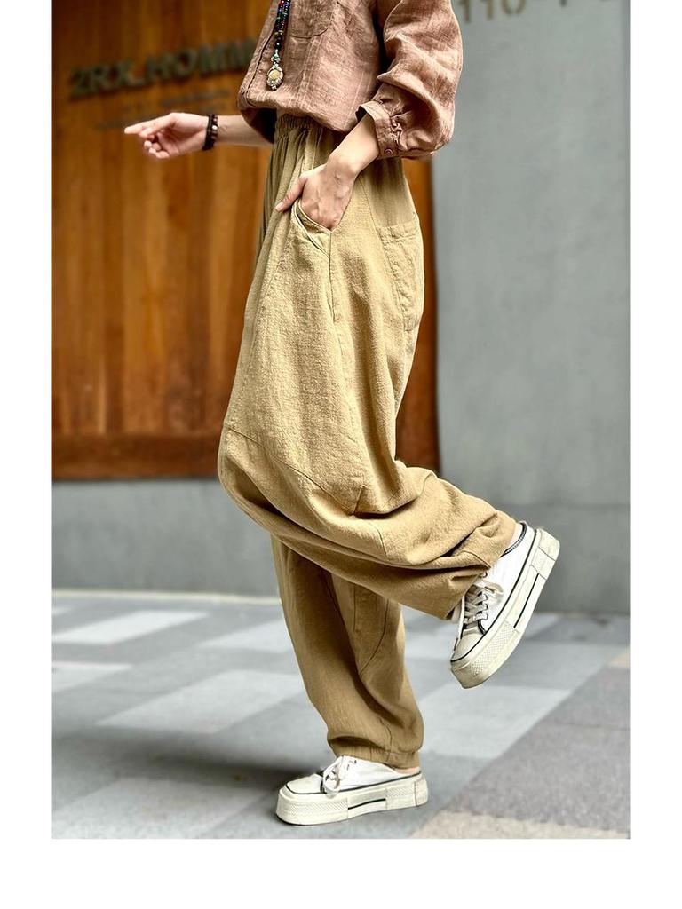 Women's Cotton Linen Loose Lantern Pants - Autumn Zen Meditation Tai Chi Style