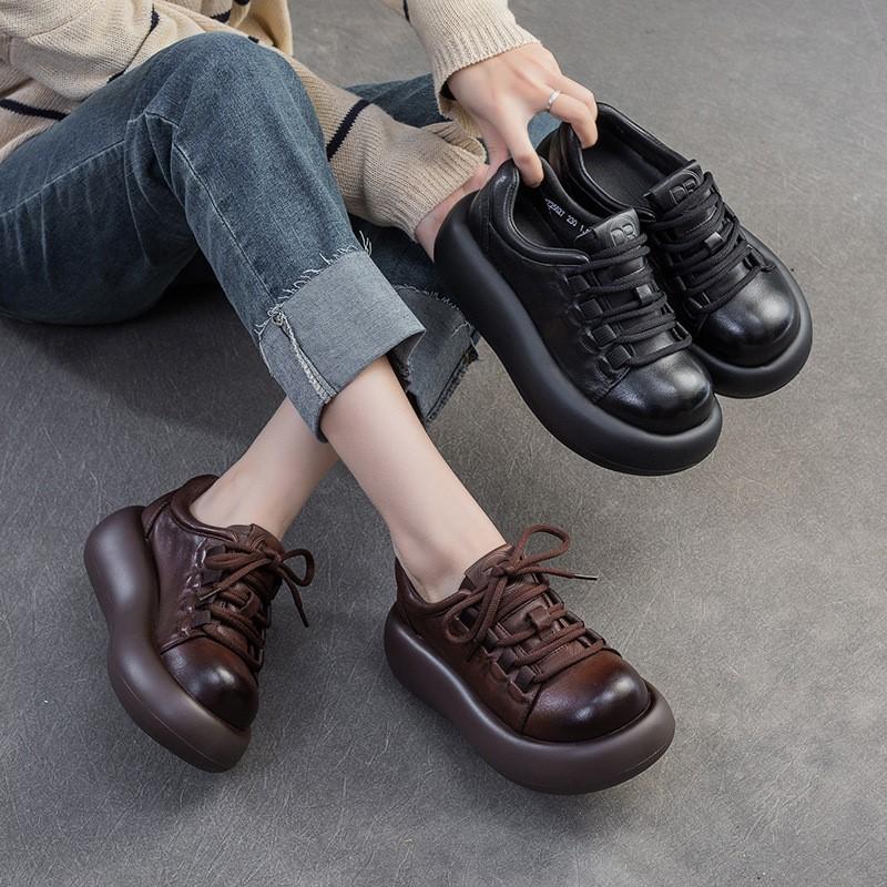 Johnature Versatile British Style Thick Soled Shoes Genuine Leather Retro Round Toe Lace Up Women's Shoes