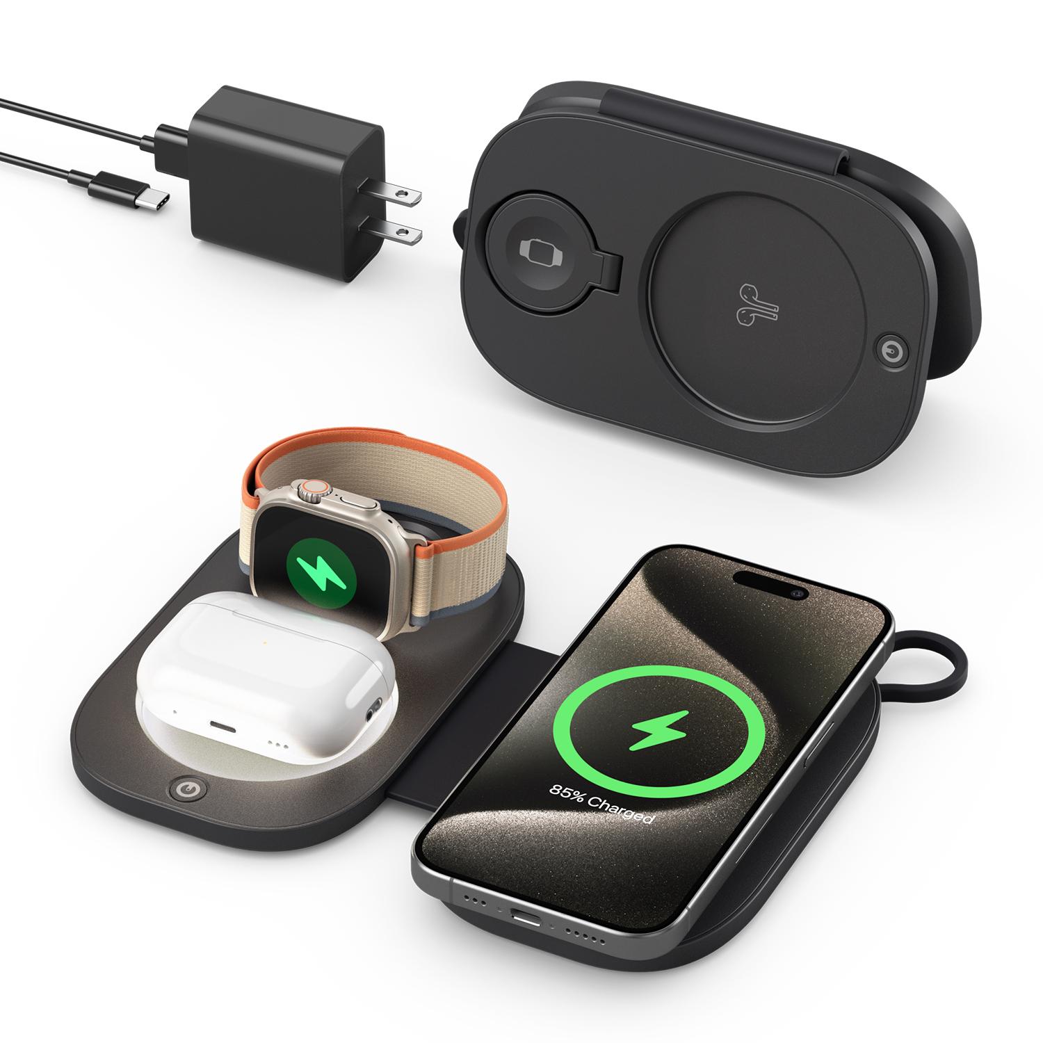 

T5 3 in 1 Wireless Charging Station Magnetic Foldable Travel Charger for Smartphone/Apple Watch/Earphones (No Power Adapter) Black