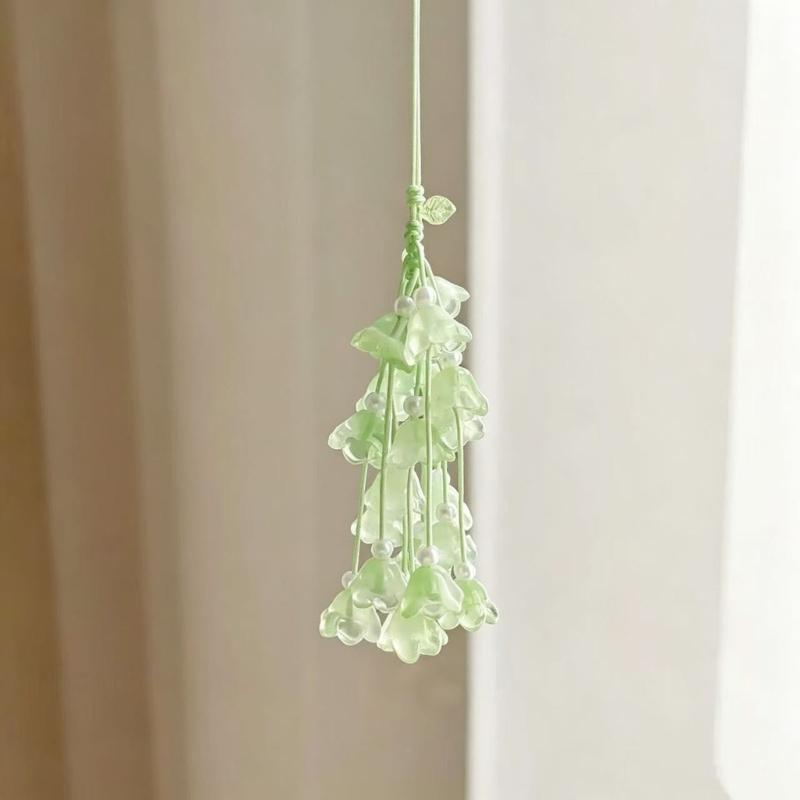 Floral Charm Strap Keychain for Bags and Phones, Valley Flower Hanging Style with Translucent Flower Drops and Bead Details