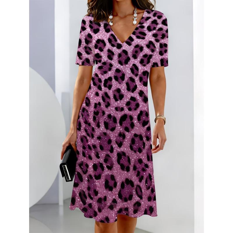 Ladies Summer V-Neck Short Sleeve Print Dress Fashion Street Style Personality Work Dress Holiday Dress