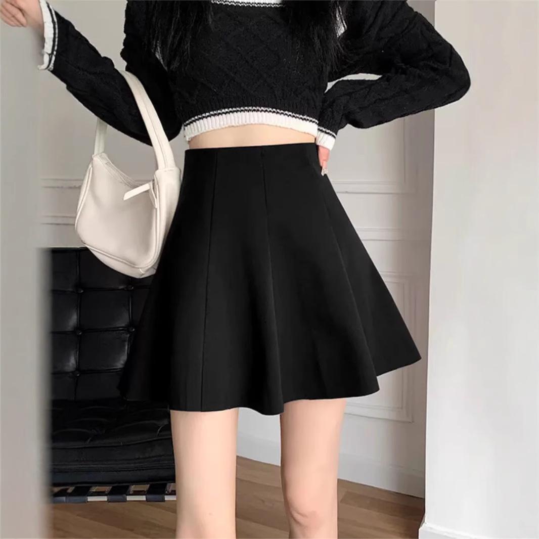 

Женская черная шерстяная мини-юбка А-силуэта - 2024 с высокой талией, пышная, маленькая, юбка-зонт для осени/зимы S чёрный