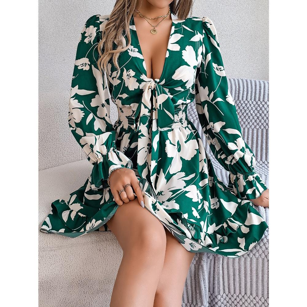 Women's Casual Floral Long Sleeve Wooden Earring A-line Dress Sexy Women's Floral Dresses