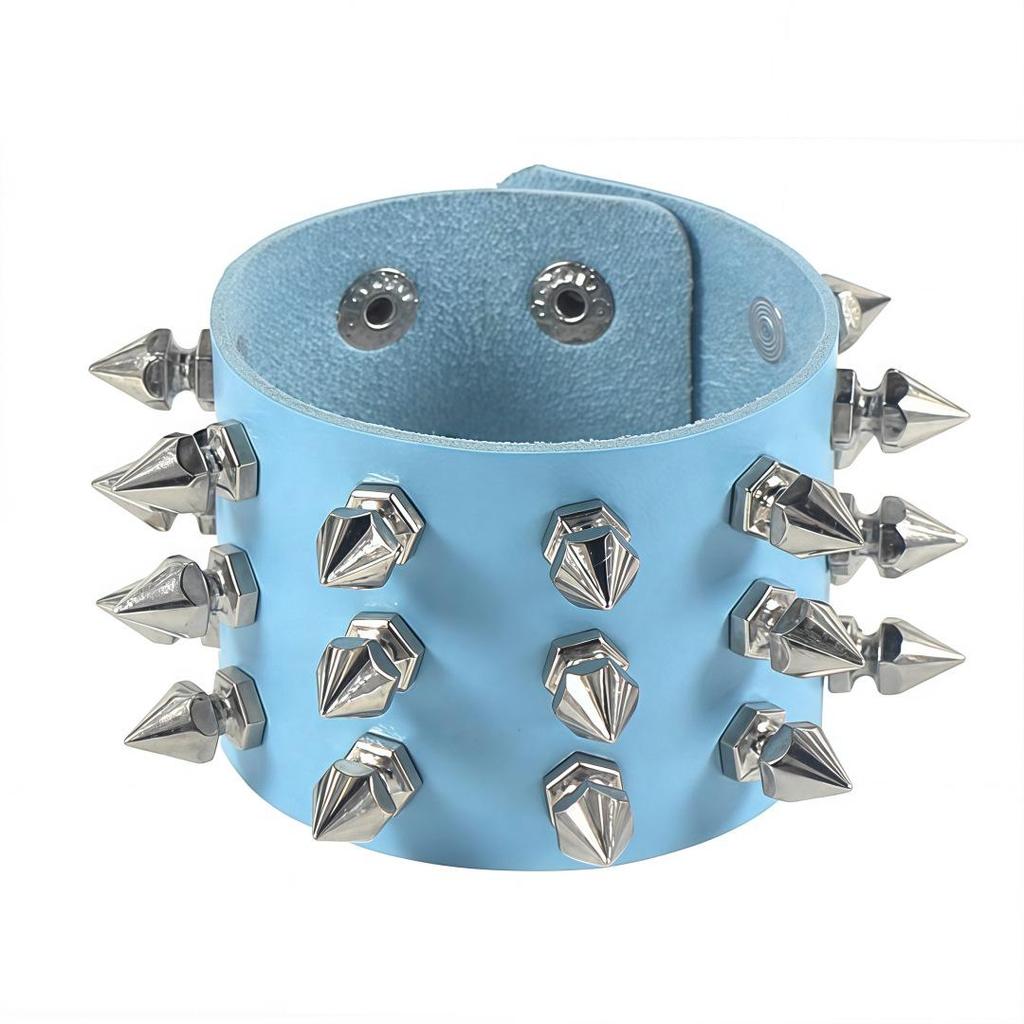 Eco-friendly PU Leather Harajuku Punk Cone Spike Bracelet with Three-Row Chains