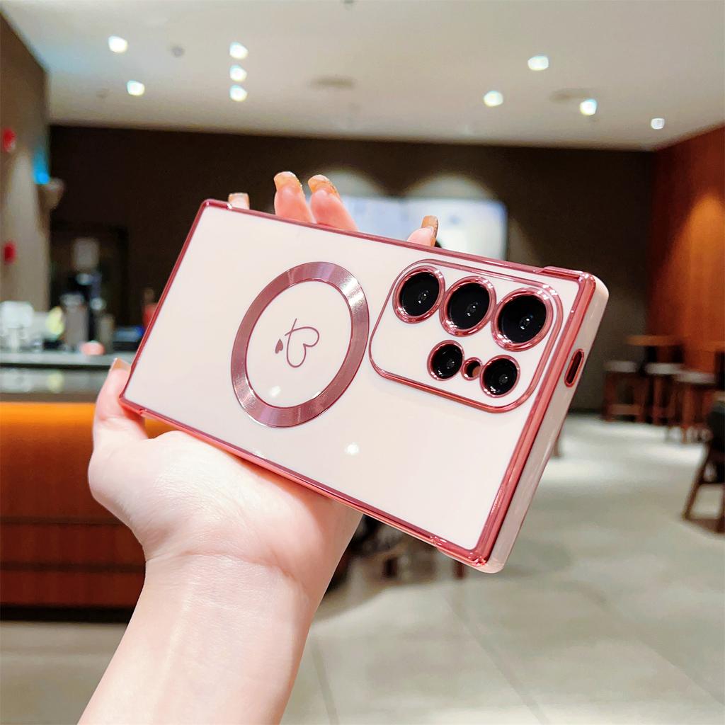 For Samsung Galaxy S23 Ultra Case Compatible with MagSafe Electroplated TPU Phone Cover Hollow Love Hearts