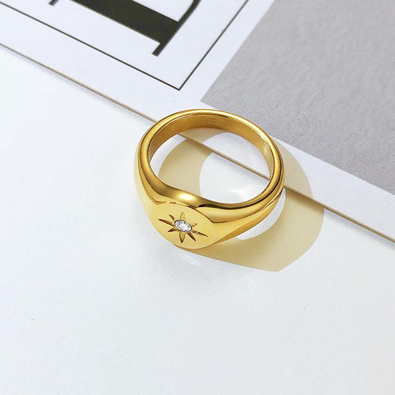 Starburst Signet Ring for Women Stainless Steel with Cubic Zirconia Wedding Brand Pinky Rings Statement Jewelry