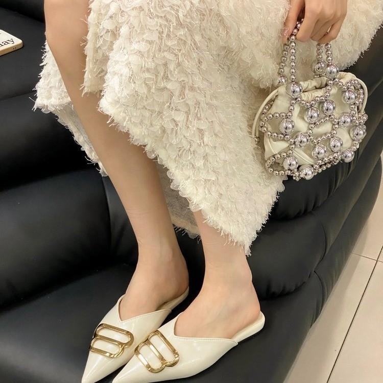 Baotou Half Slippers Women's Outer Wear 2025 Summer New Metal Buckle Pointed Fashion Sandals Flat Slippers