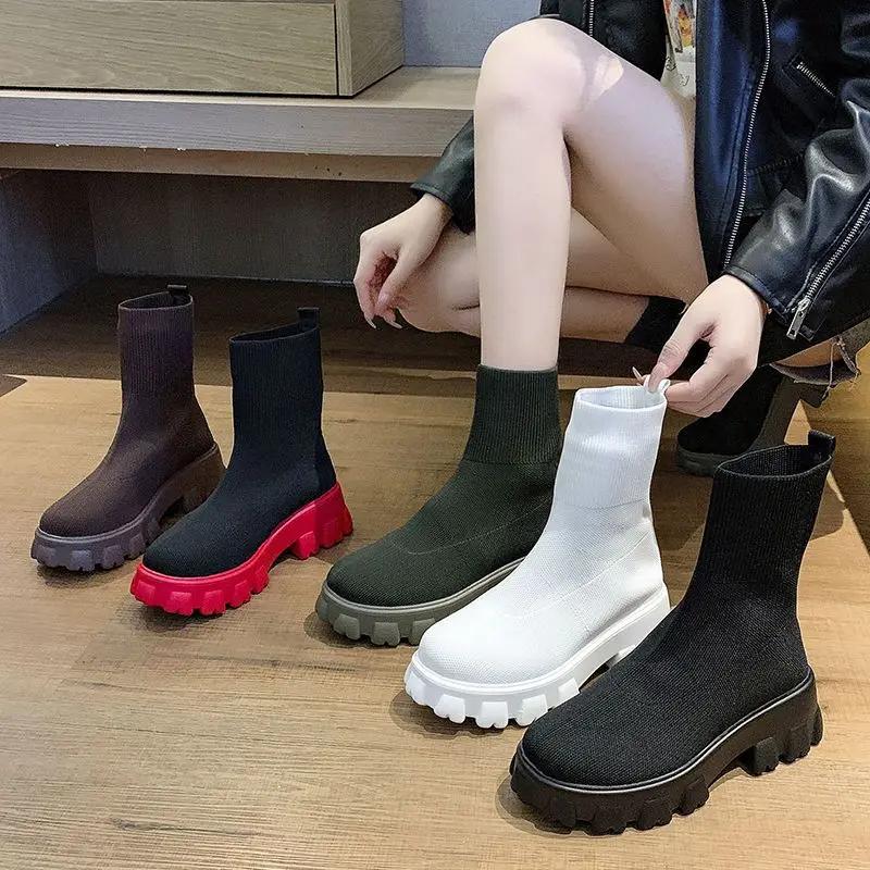 Mode Damen Kurze Schuhe Elegant Mit Mittelhohen Absätzen Klobige Stiefeletten Socke Koreanischer Stil Hohe Qualität Schick New Rock Stiefeletten für Damen