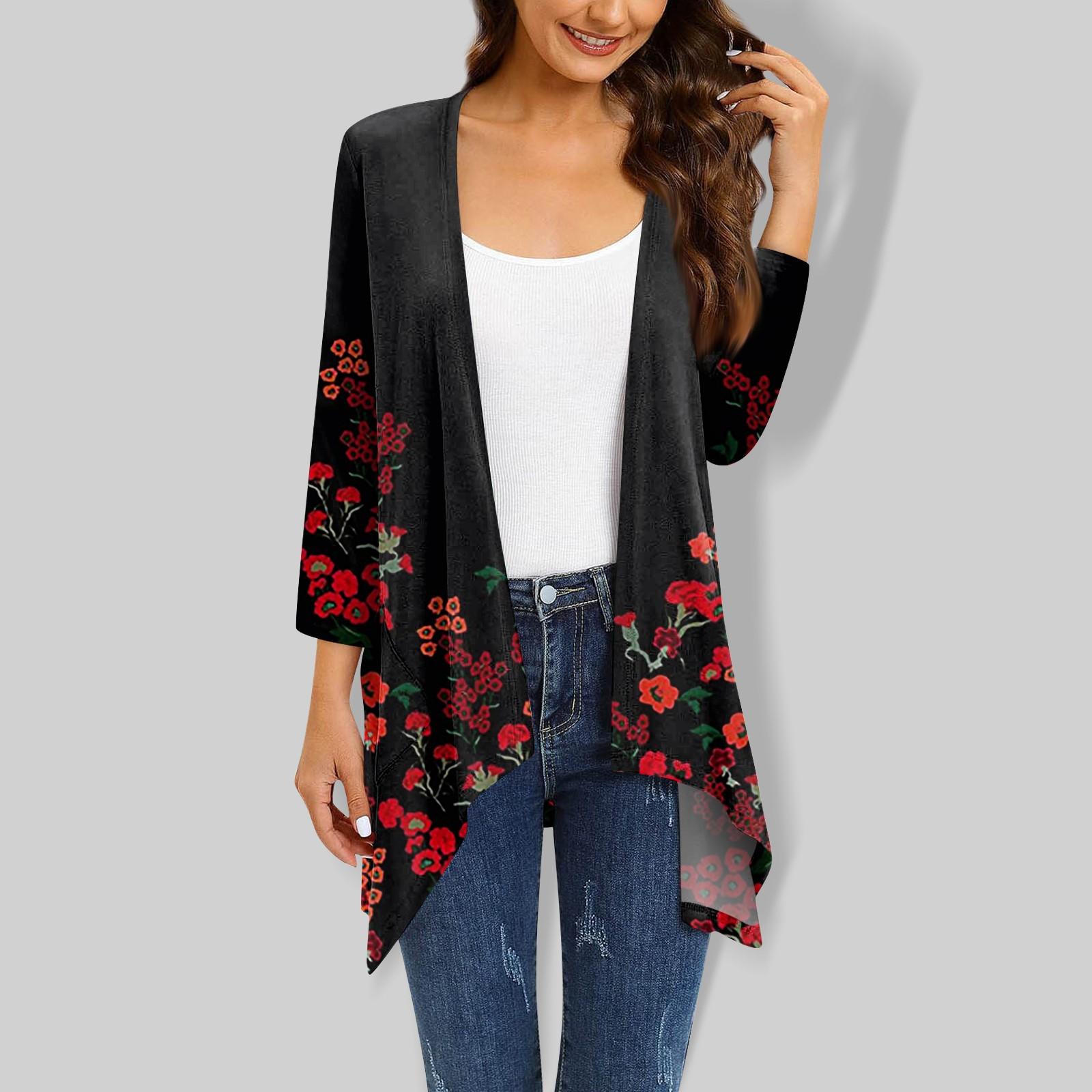 

Женский кардиган неправильной формы с принтом, рукавами три четверти и карманной курткой L чёрный