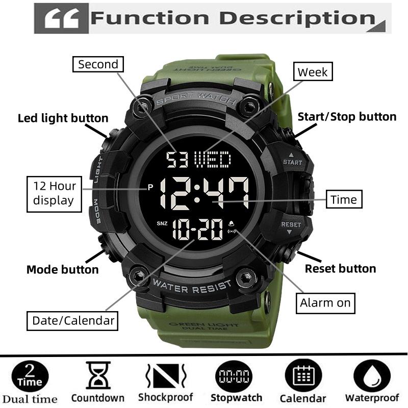 Skmei Men's Military Watches Fashion Big Dial Digital Wristwatch Luxury Outdoor Sports Dual Time Led Waterproof Alarm Clock