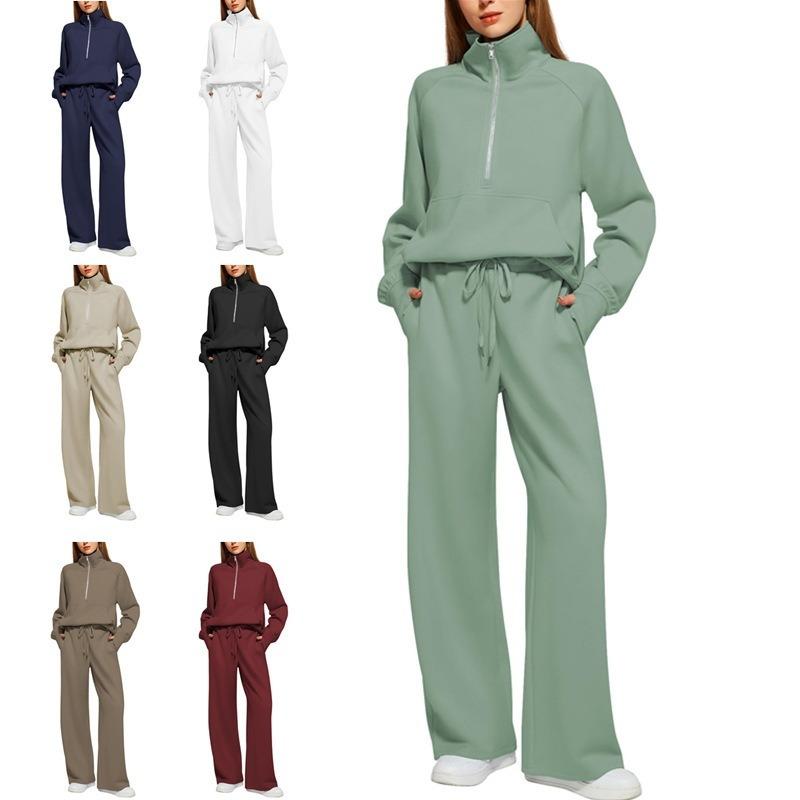 Damen Zweiteiler Oversized Halbreißverschluss Sweatshirt und Weite Hose Lässiges Set
