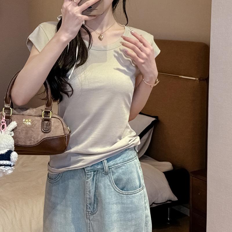 Summer Lyocell Tencel Shoulder Short Sleeve T-Shirt Women's Shoulder Width Slim Skinny High-end Xiaofei Sleeve Top