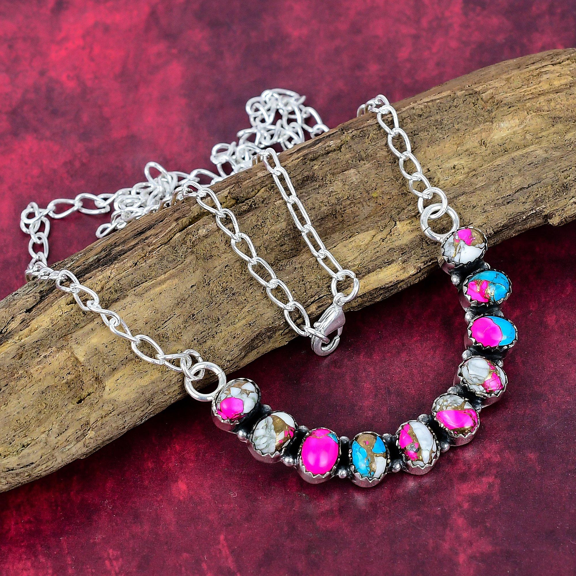 

Cotton Candy Turquoise Handmade Gemstone Necklace, 925 Solid Sterling Silver Necklace Antique Jewelry With Adjustable Chain, For Engagement Gift Adjustable With 18 Inches