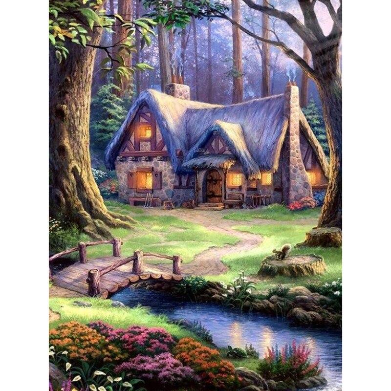 5D DIY Diamond Painting Scenic Lodge Diamond Embroidery Tree Scenery Cross Stitch Full Round Drill Crafts Home Decor Gift
