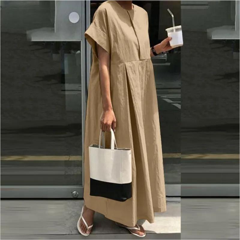 

2025 New Plus Size Linen Blend Maxi Dress, Round Neck Bohemian Academic Style Casual Long Dress, Forest Girl Layering Shift Dress for Daily Wear S