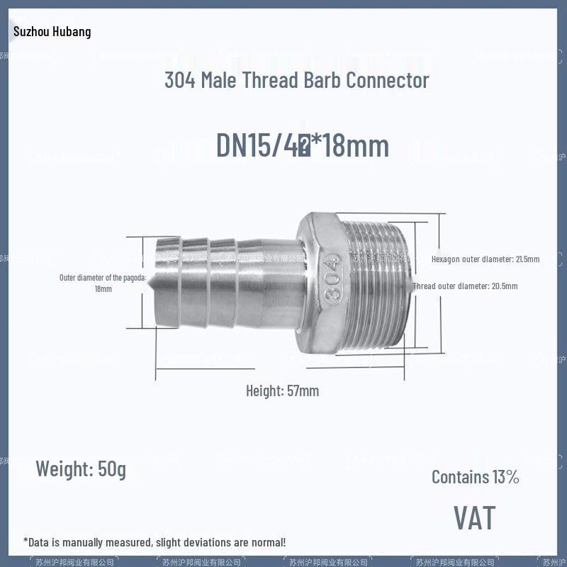 1" Hexagonal Barb Connector, 304 Stainless Steel for Water Pipe Hose, 316 Male Thread Plug