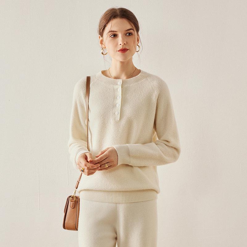 Women's Solid Color Cashmere Button Sweater - Warm, Versatile, Loose Knit