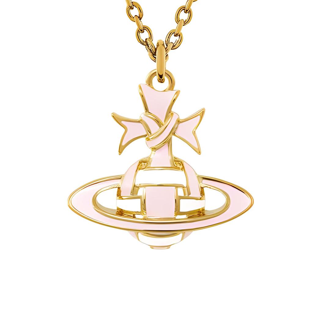 VIVIENNE WESTWOOD Ribbon Enamel Brass Gold-Plated Saturn Shaped Bow Ribbon Decorative Wrapped Necklace Women Necklace Pink 630203FJ-02R882