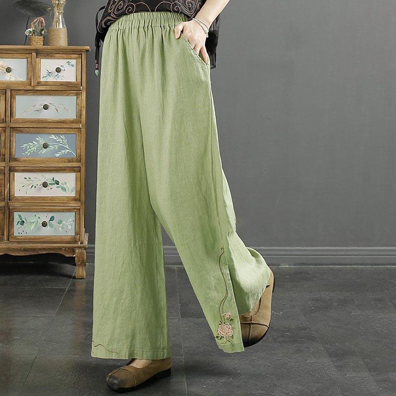 Women Pants Cotton Summer Elastic Waist Loose Casual Embroidery Solid Color Comfortable Soft Pants